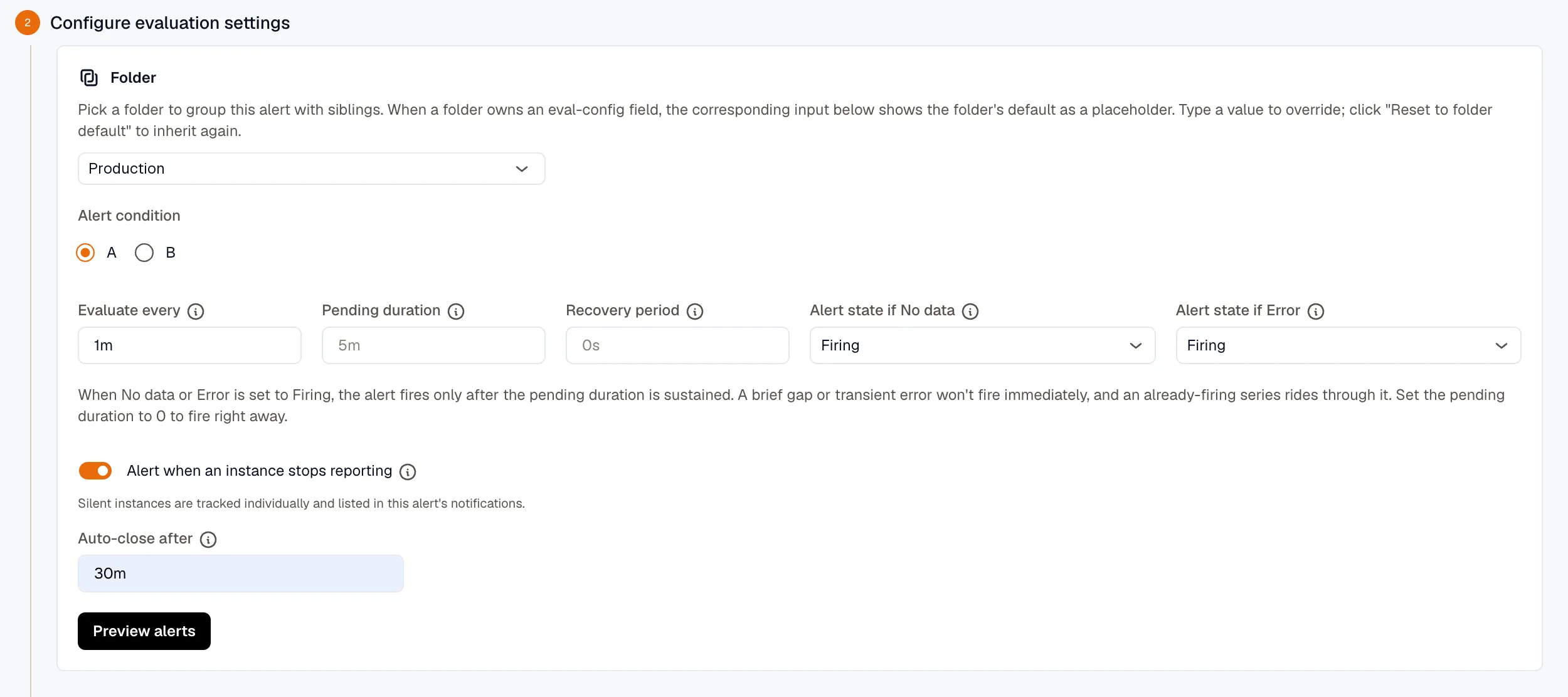 Absence detection settings on an alert rule