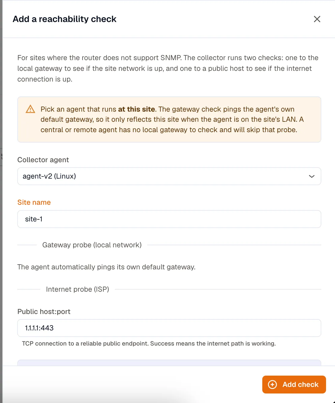 The Add a reachability check form with a collector agent, a site name, and an internet probe host and port