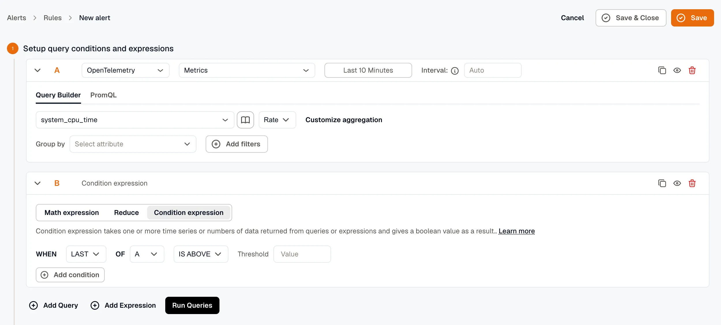 Advanced mode with query and expression blocks, and the Math expression, Reduce, and Condition expression options