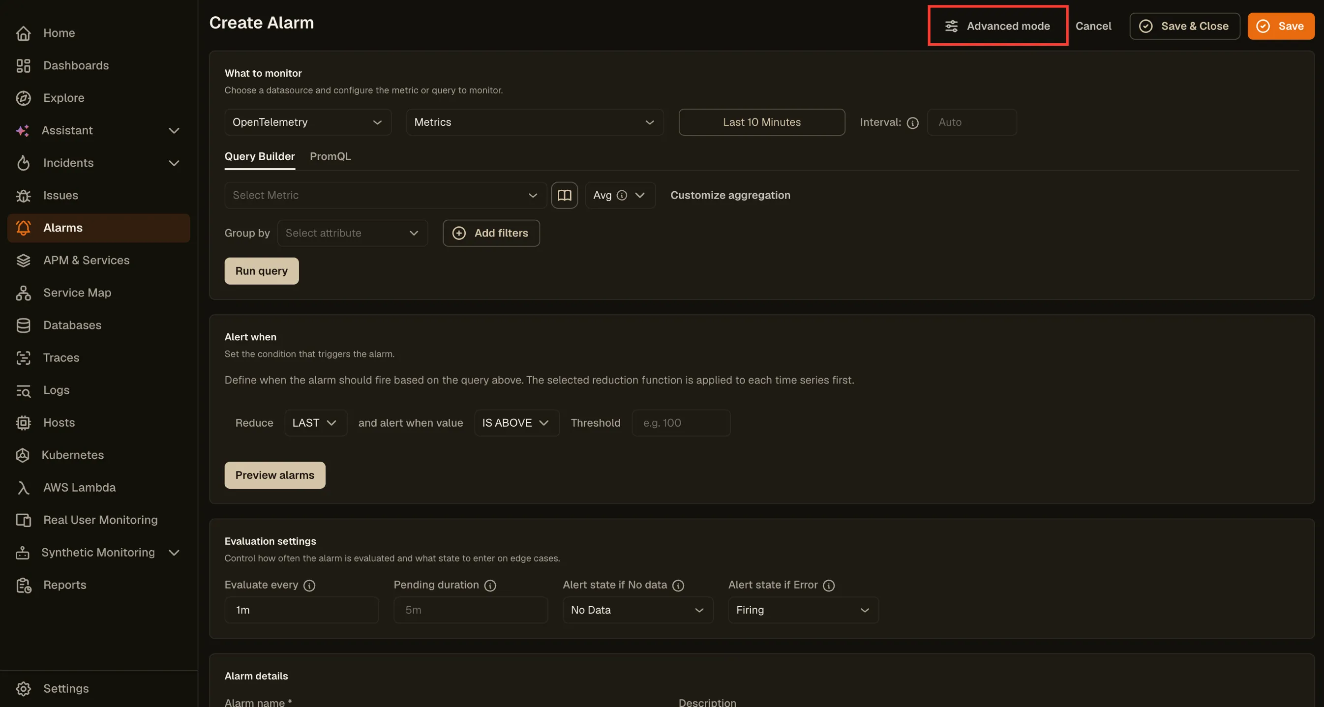 Advanced mode options