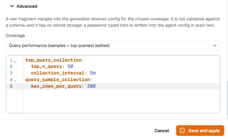 The Advanced section of the edit wizard with the Query performance coverage selected and the YAML above in the editor.