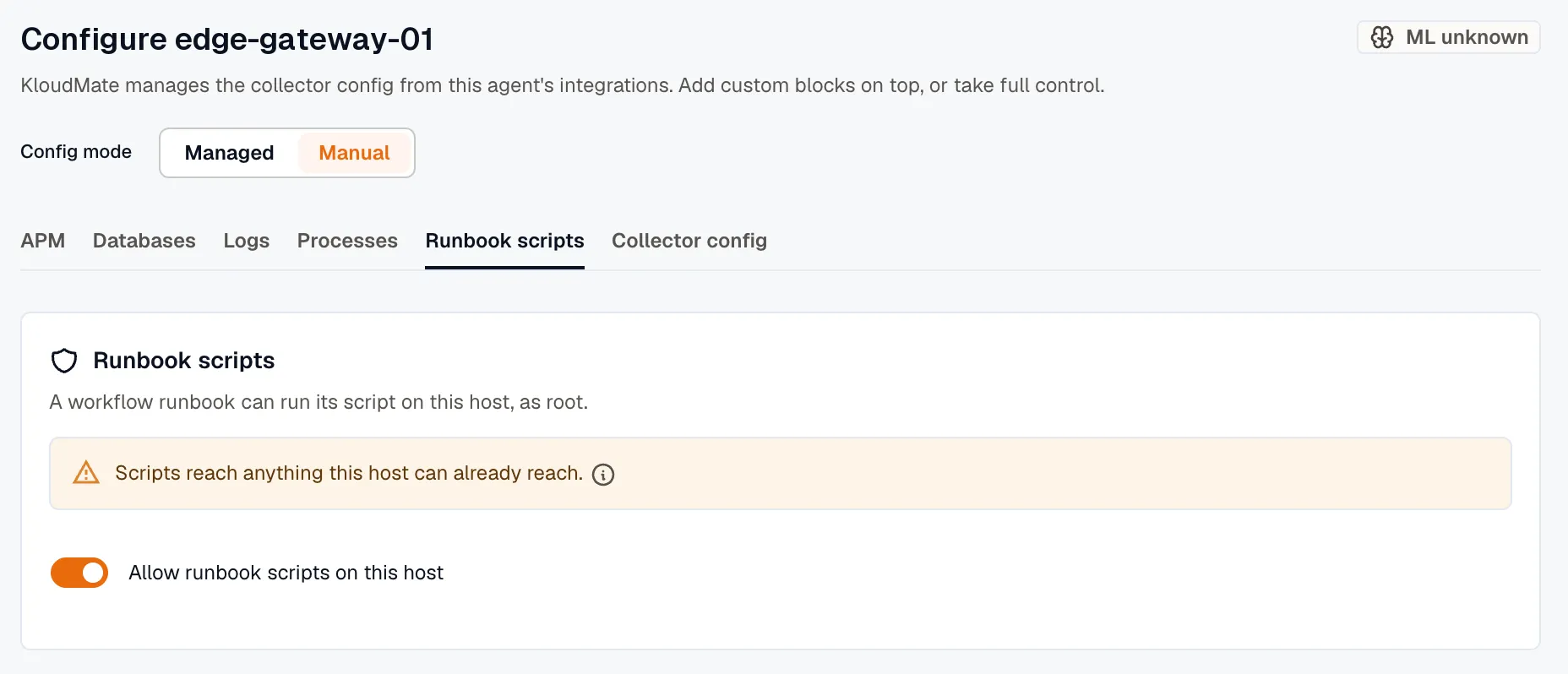 Runbook scripts tab for a Linux host agent