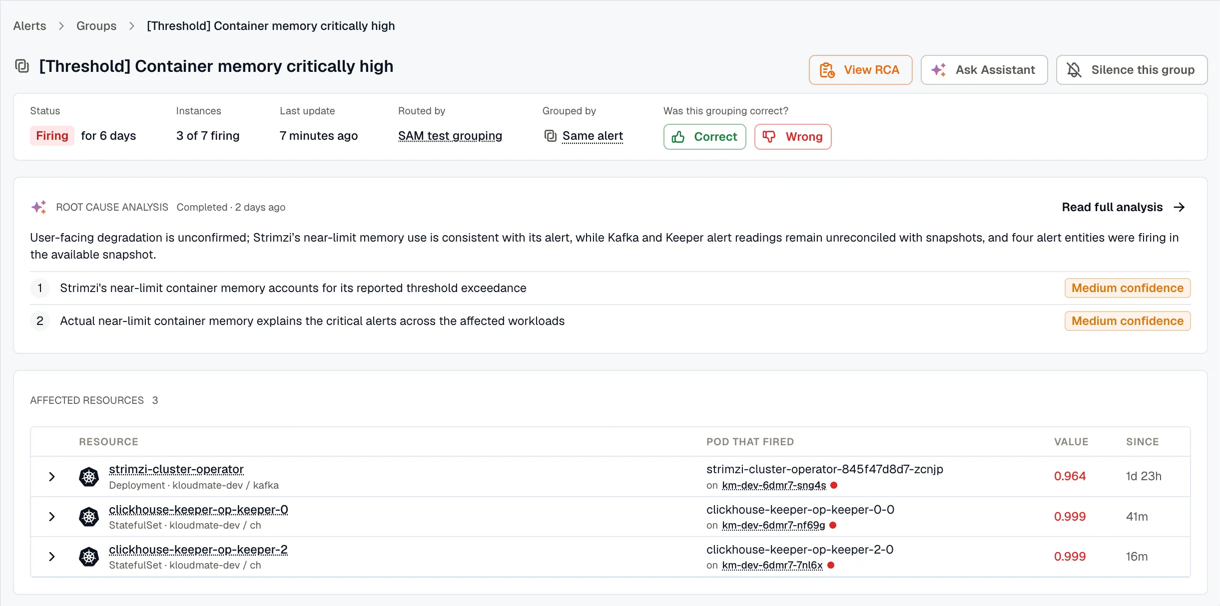An alert group's detail page: the facts row with Grouped by and the Correct and Wrong buttons, the Root cause analysis card, and the Affected resources table