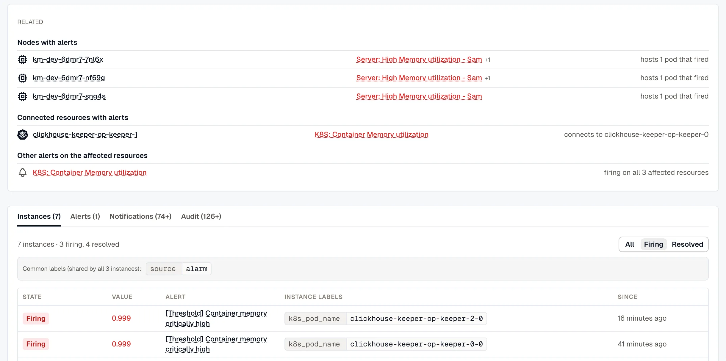 The Related card listing nodes with alerts, a connected resource with alerts, and other alerts on the affected resources, above the Instances, Alerts, Notifications, and Audit tabs