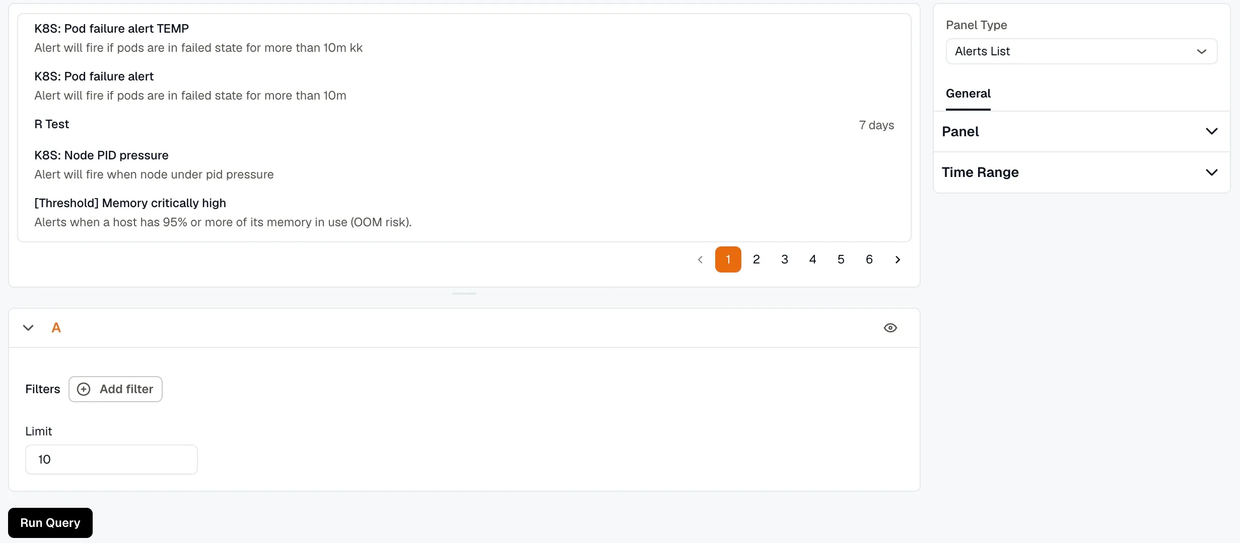 Alert List panel settings