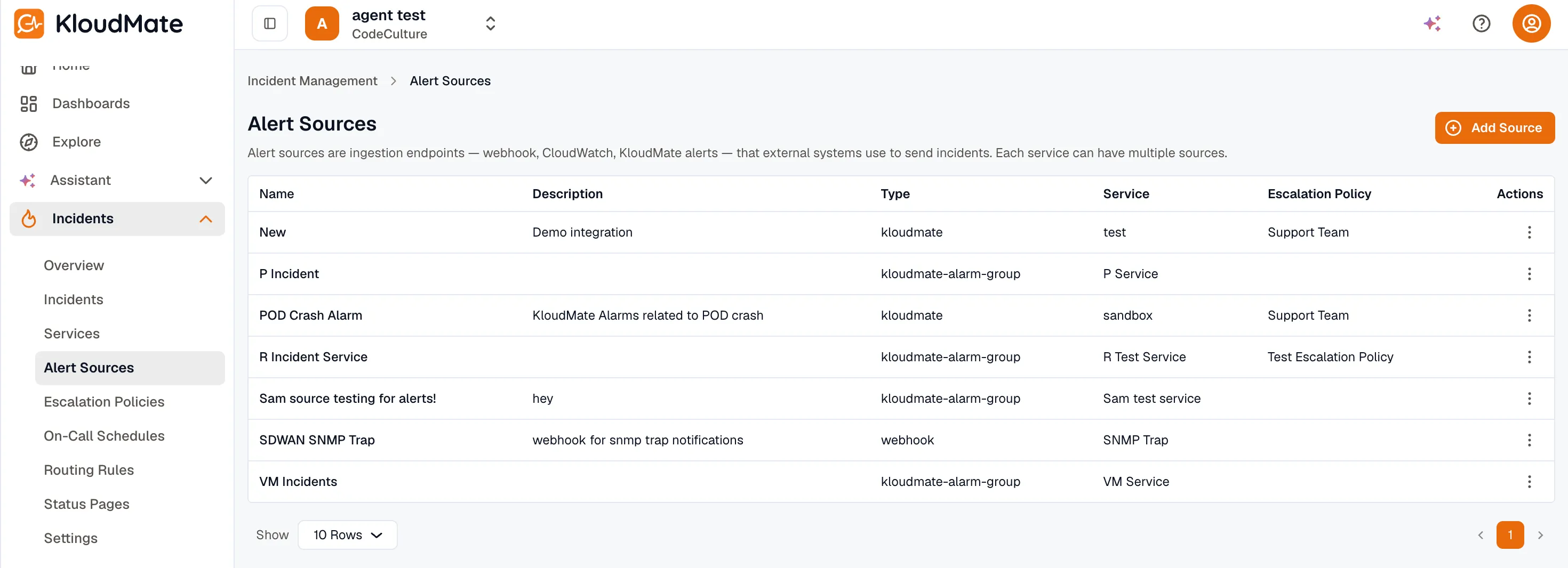Alert sources list