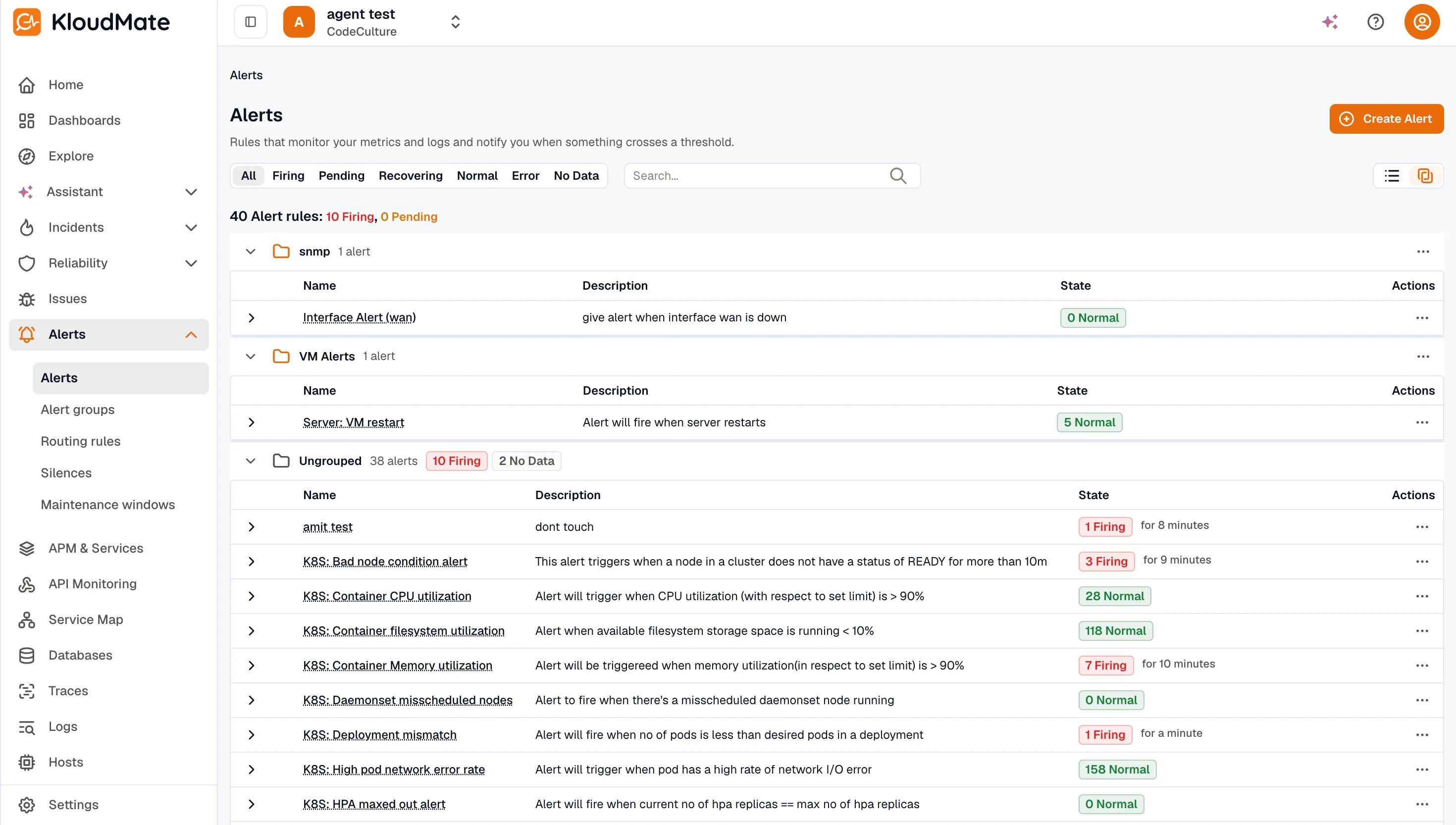 Alerts list in folder view