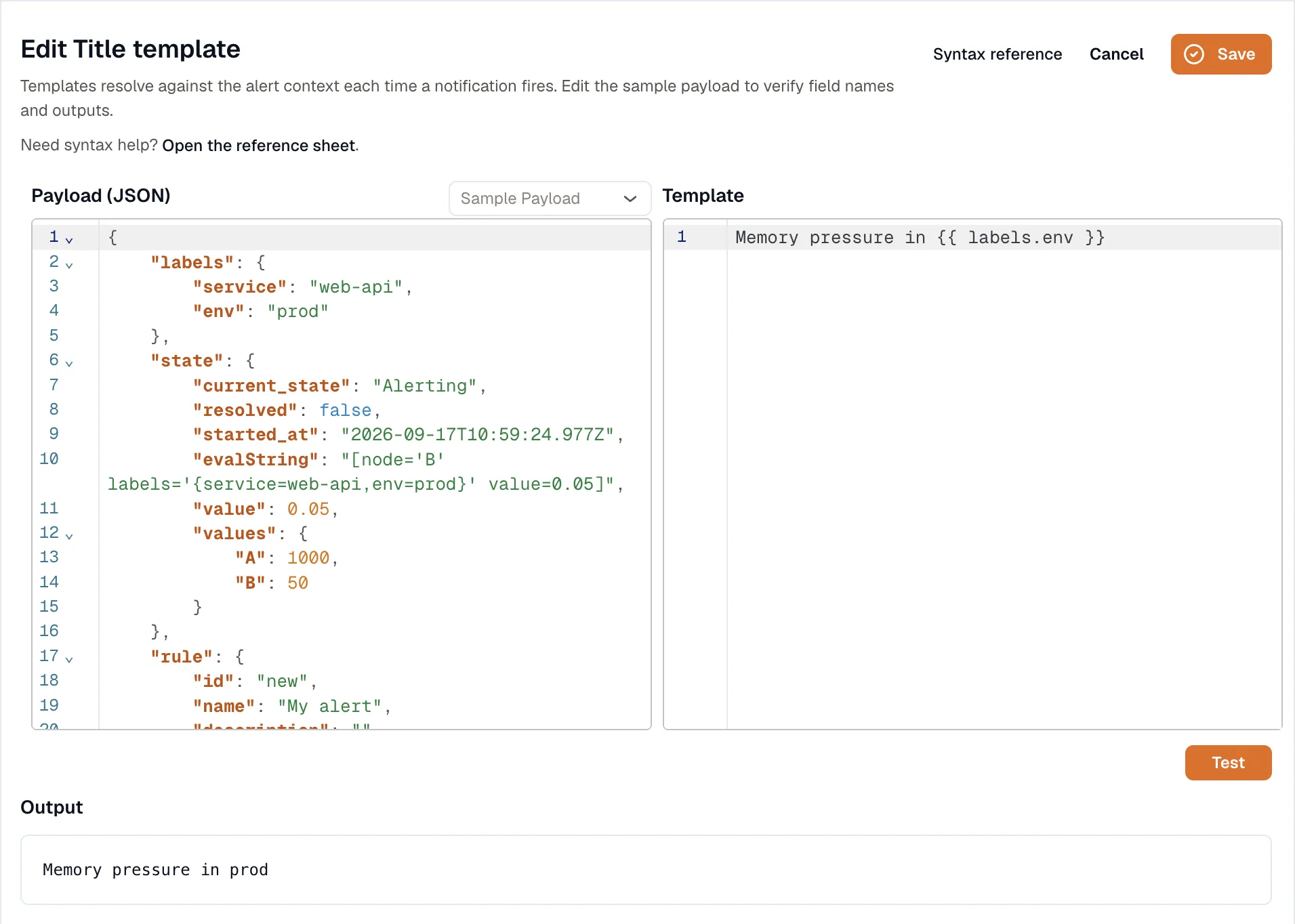 Template editor with a test result