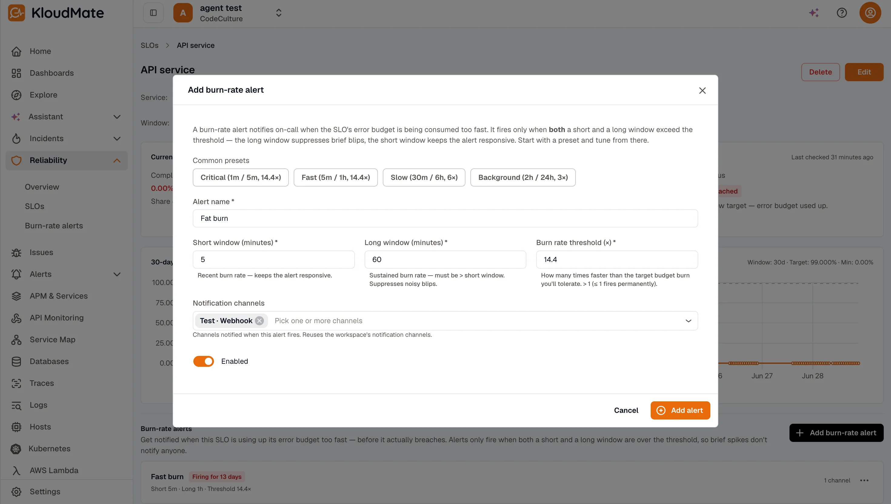 Burn-rate alert form with presets