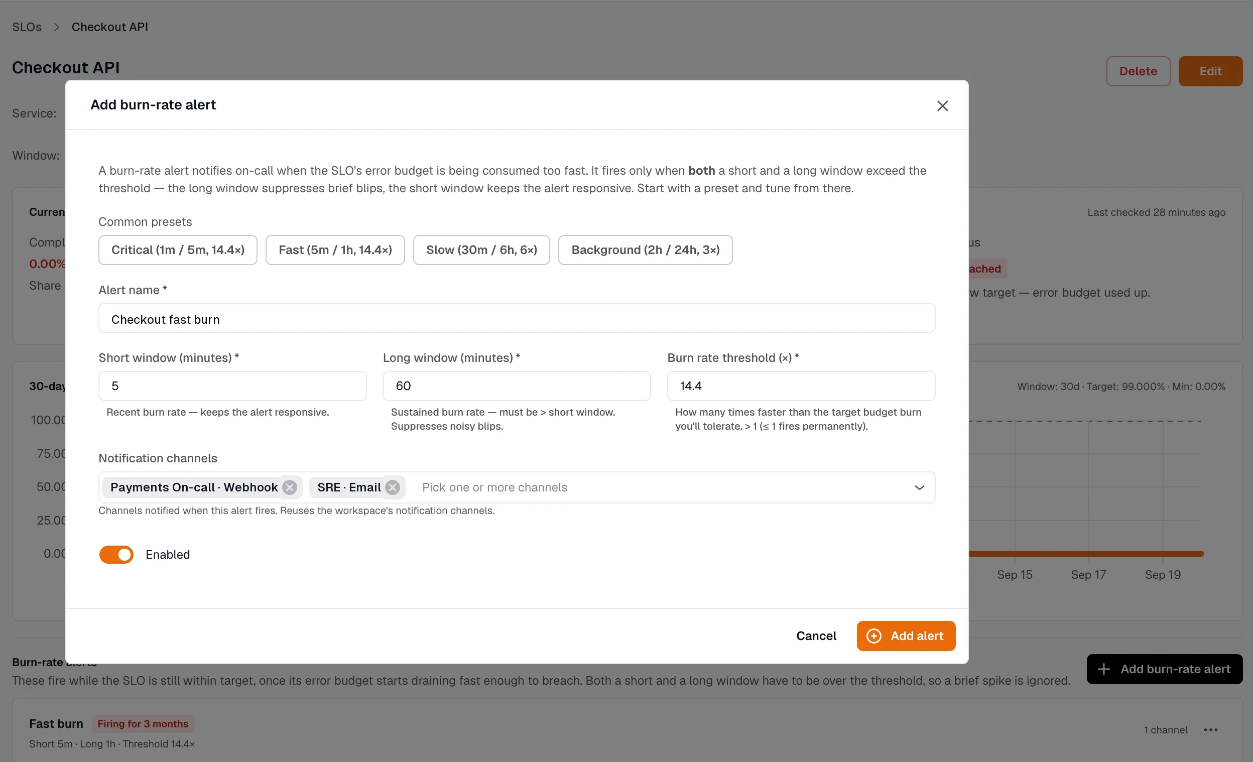 Burn-rate alert form with presets