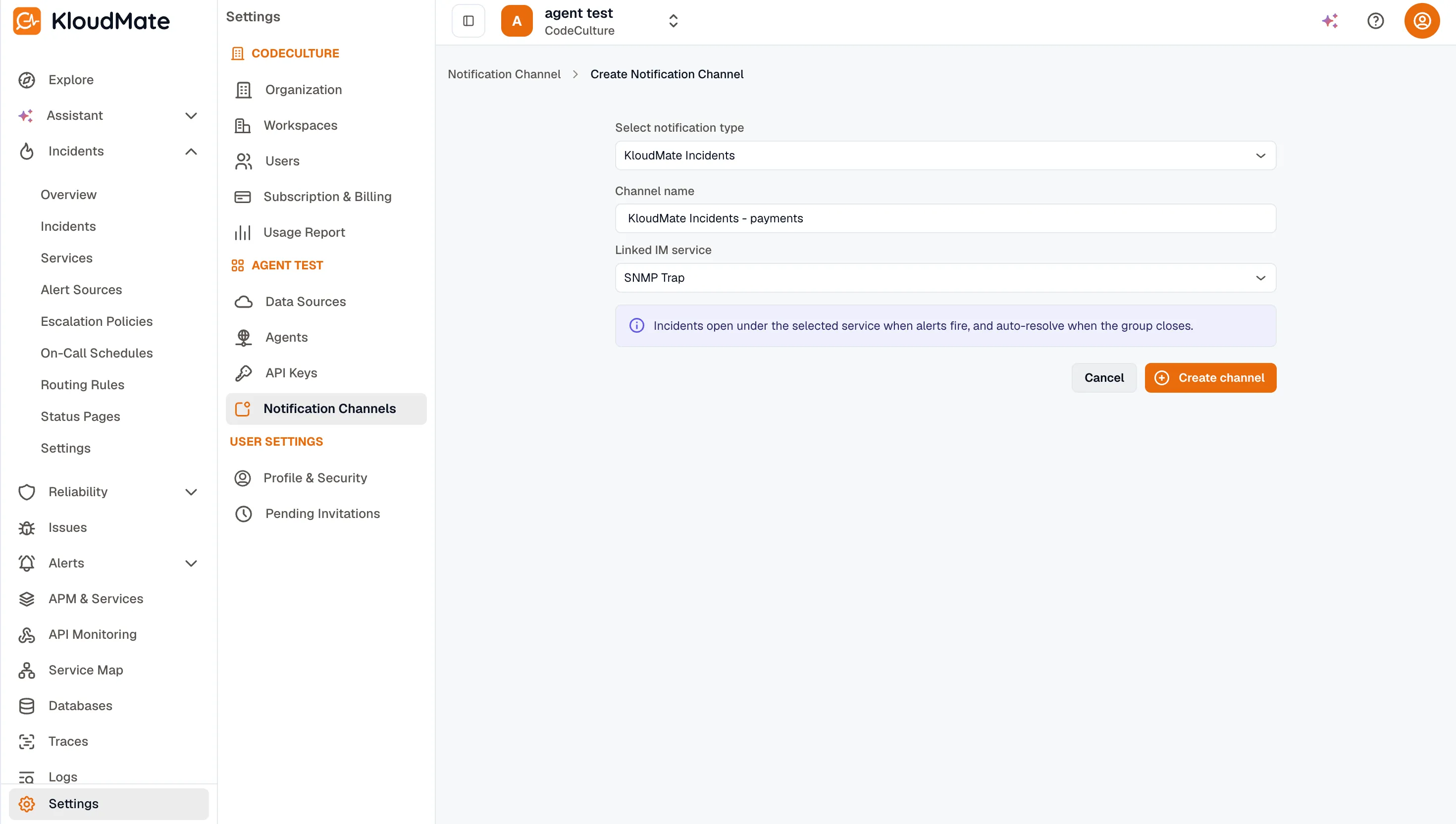 Create KloudMate Incidents channel