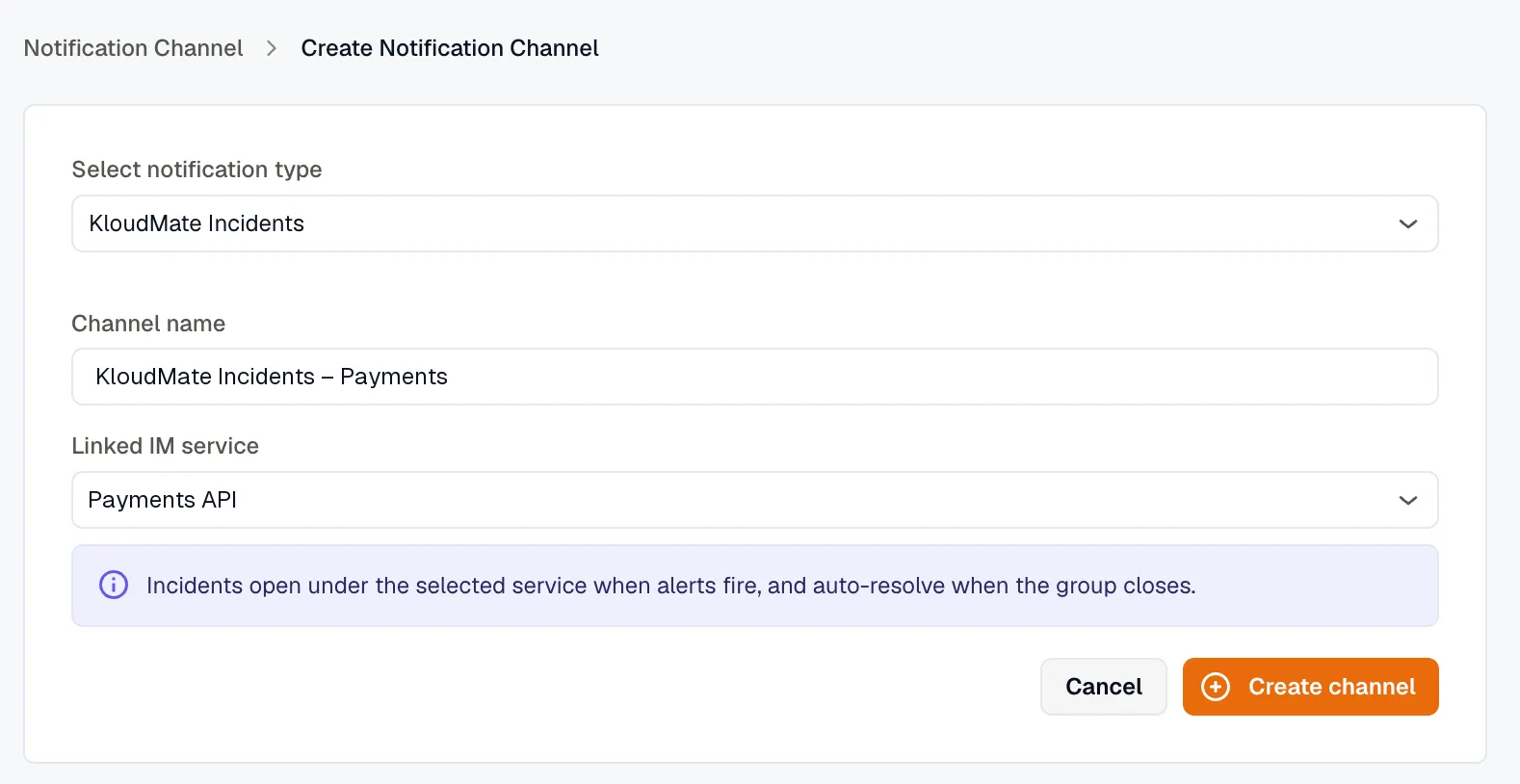 Create KloudMate Incidents channel