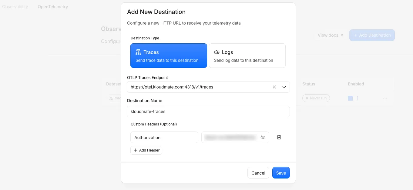 The Cloudflare Add New Destination dialog, with Traces selected, the KloudMate OTLP endpoint, and an Authorization header