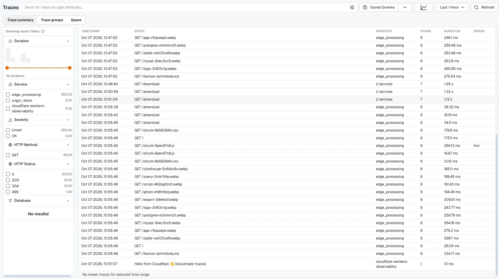 KloudMate Trace Explorer listing Cloudflare request traces, with the edge_processing service and their span counts and durations