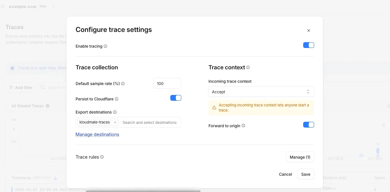 Cloudflare trace settings with tracing enabled, a 100% sample rate, and kloudmate-traces selected as the export destination