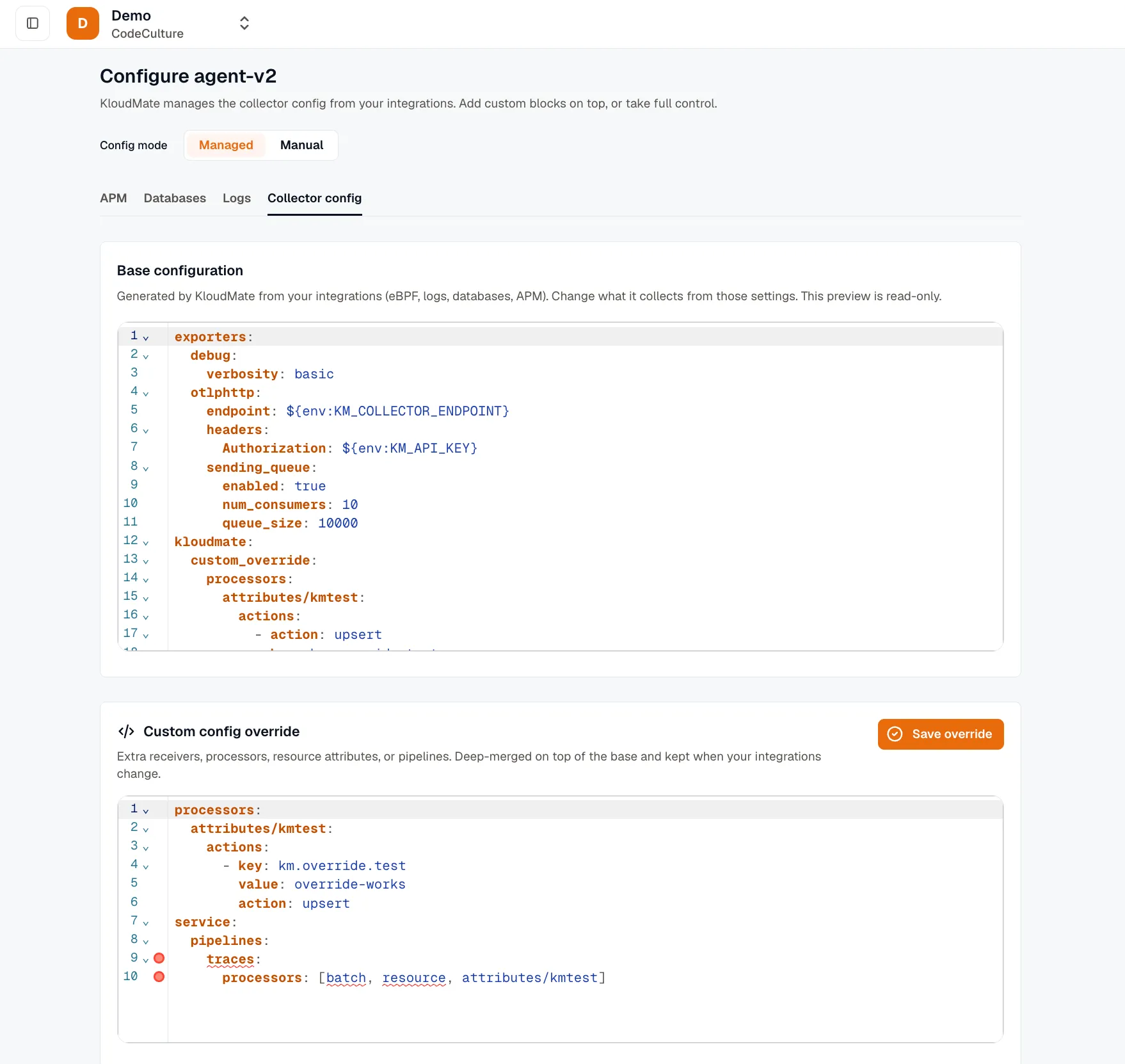 Managed mode: the Config mode toggle set to Managed, with a read-only preview of the generated collector configuration.