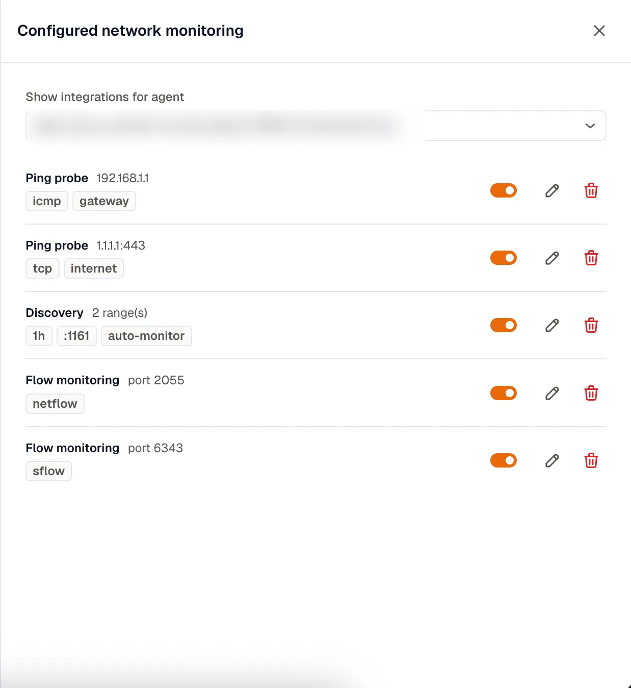 The Configure drawer, Configured network monitoring, listing ping, discovery, and flow entries with per-row enable toggles and edit and delete controls