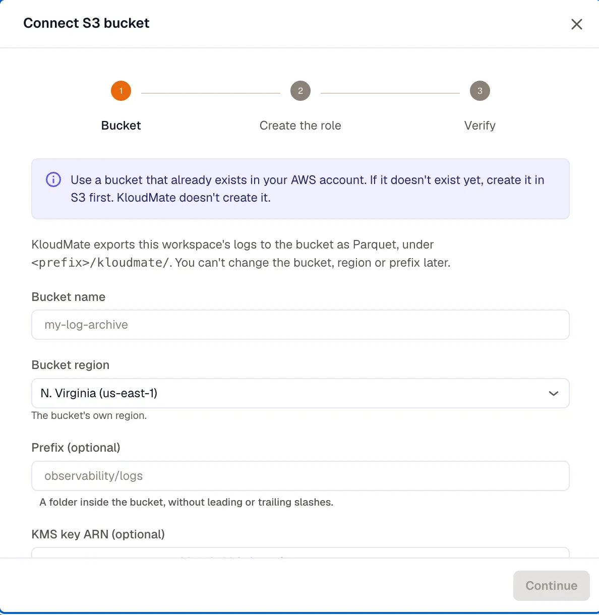 The Connect S3 bucket dialog on the Bucket step, with Bucket name, Bucket region, and Prefix