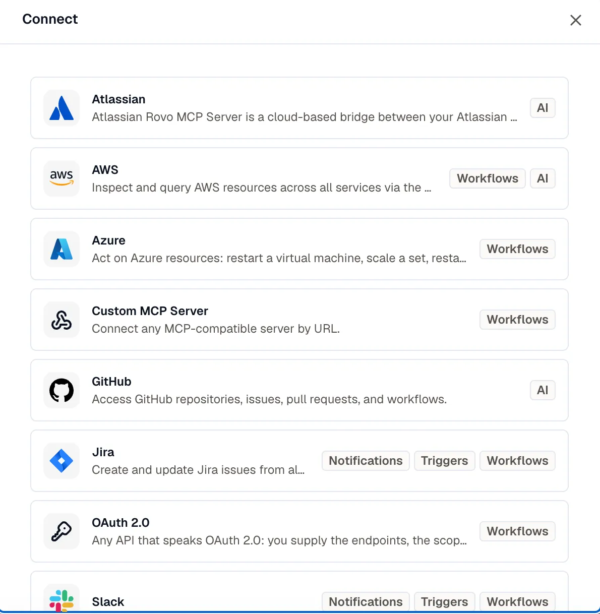 The Connect dialog listing providers such as Atlassian, AWS, Azure, Custom MCP Server, GitHub, Jira, OAuth 2.0, and Slack, each with chips for what it can be used for