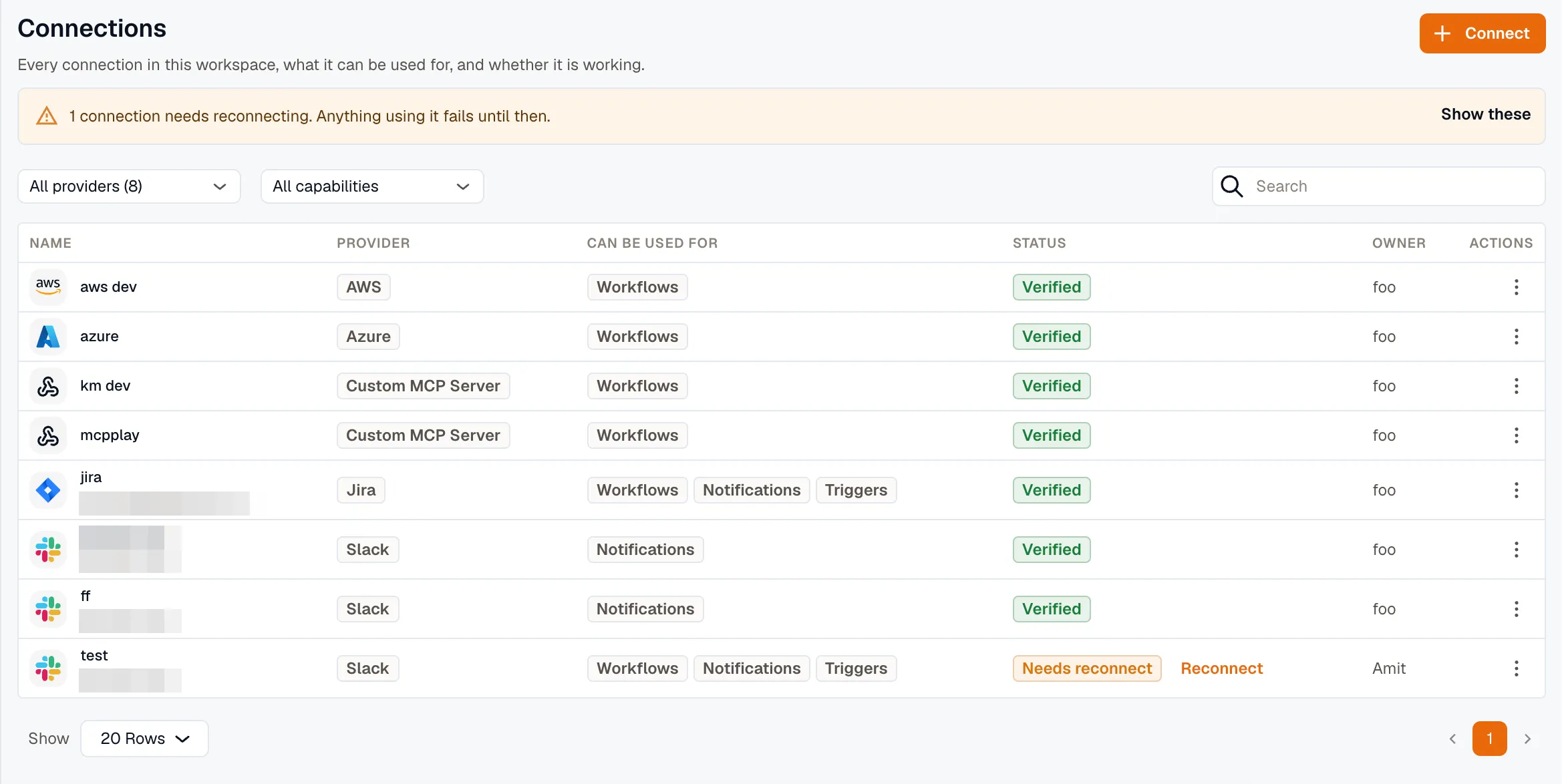 The Connections list: each row shows its provider, its Can be used for capability badges, and its status, with one row marked Needs reconnect beside a Reconnect action