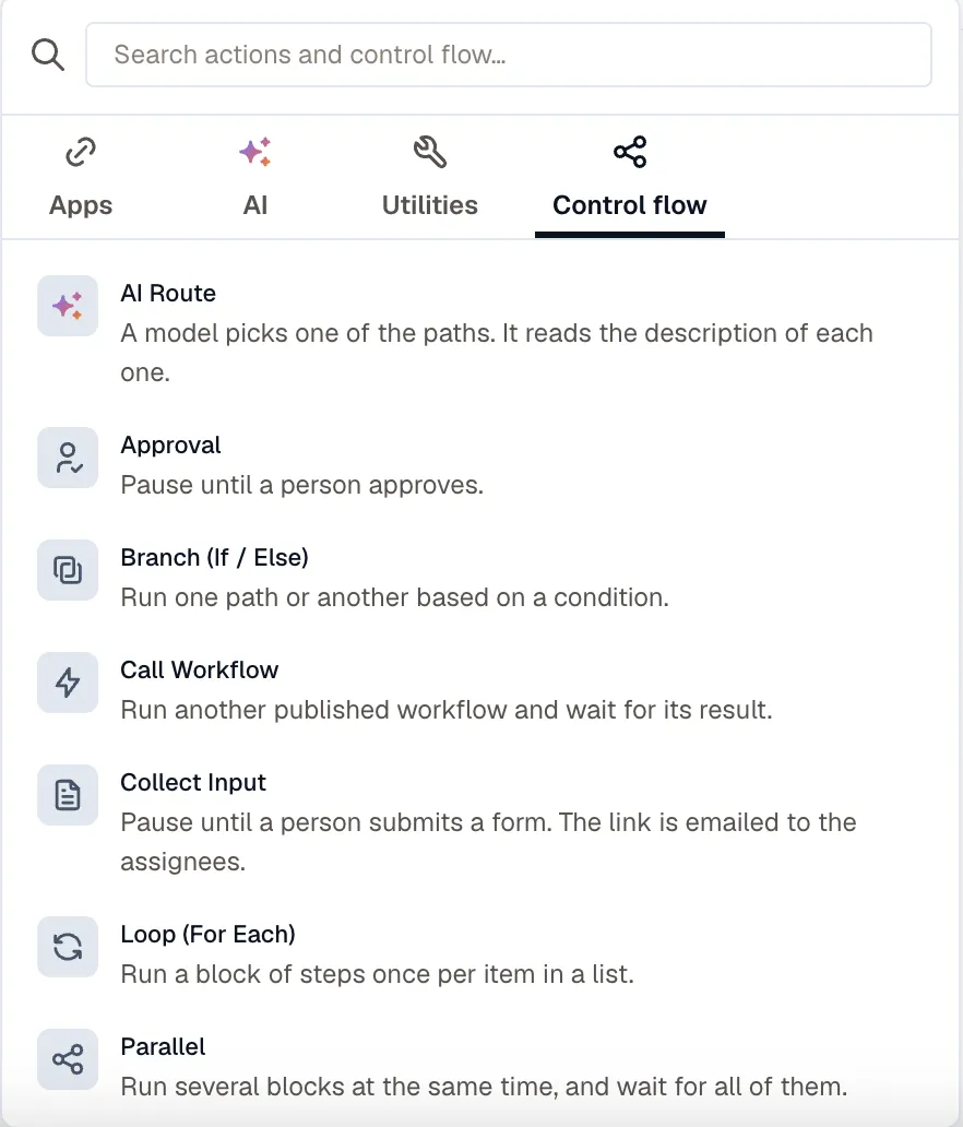 The Control flow tab of the step palette, listing AI Route, Approval, Branch, Call Workflow, Collect Input, Loop, and Parallel