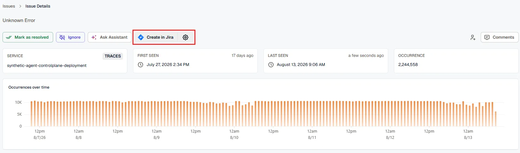 Create in Jira button highlighted on the Issue details page