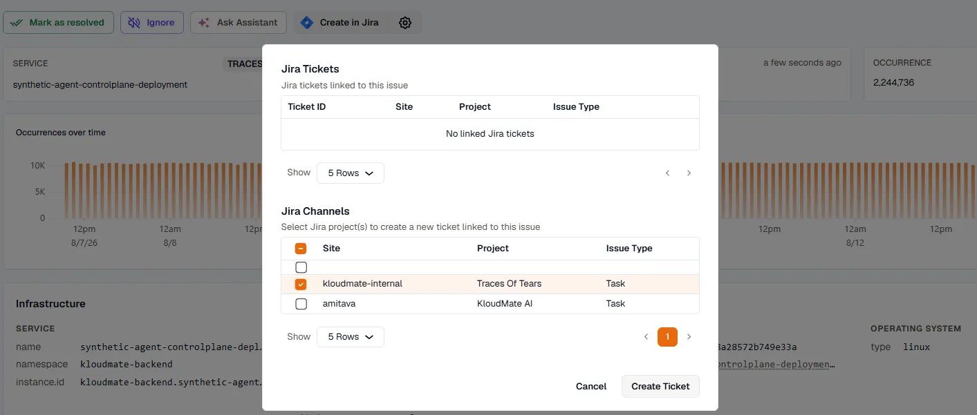 Jira Tickets dialog, showing linked tickets and the Jira Channels to create a new one in