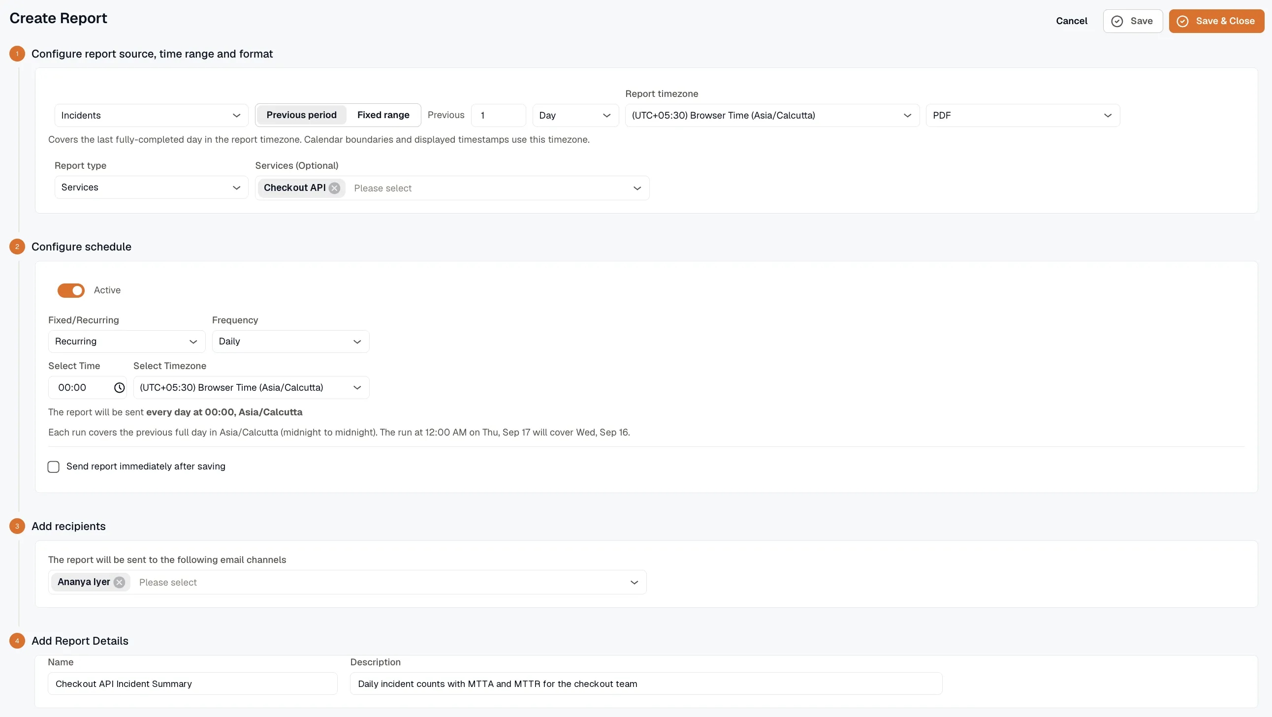 Create Report page showing the source, schedule, recipients, and report details steps