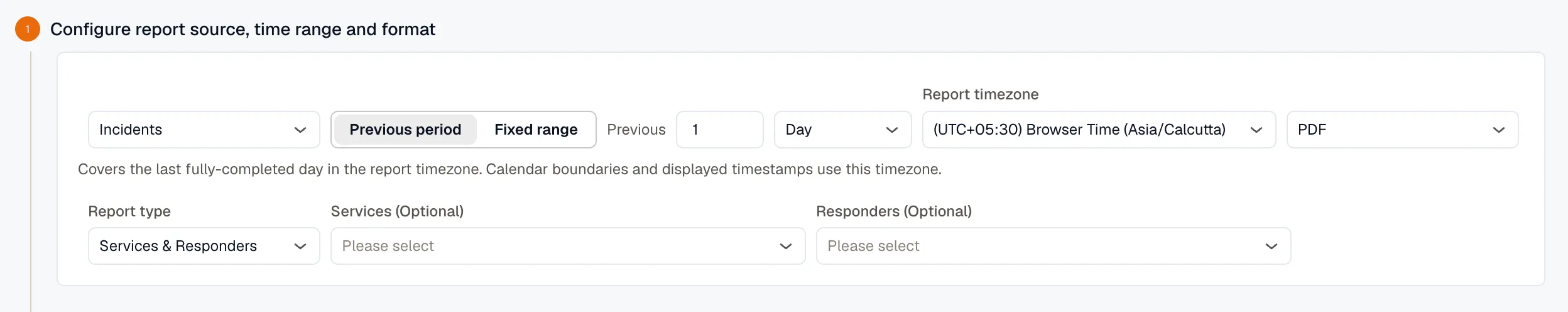 Source, period, and format settings with Previous period selected and the Report timezone field