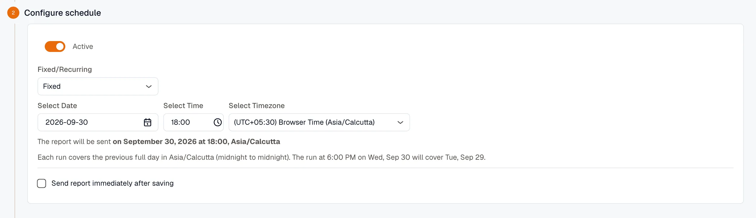 Fixed schedule with a date, time, and timezone