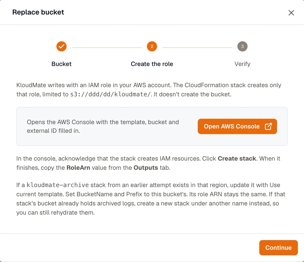 The Replace bucket dialog on the Create the role step, with the Open AWS Console button