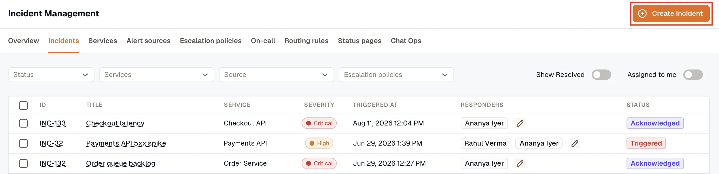 Create Incident button on the Incidents tab