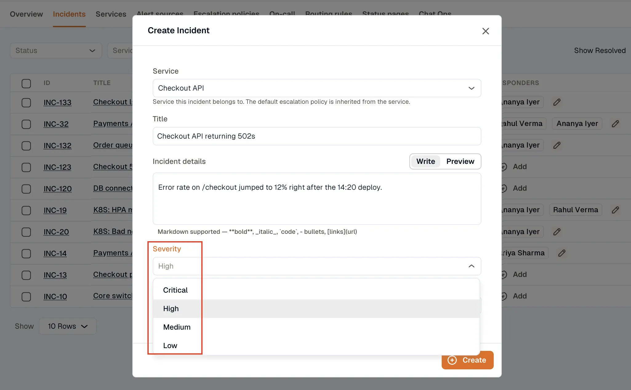 The Create Incident dialog with the Severity list open