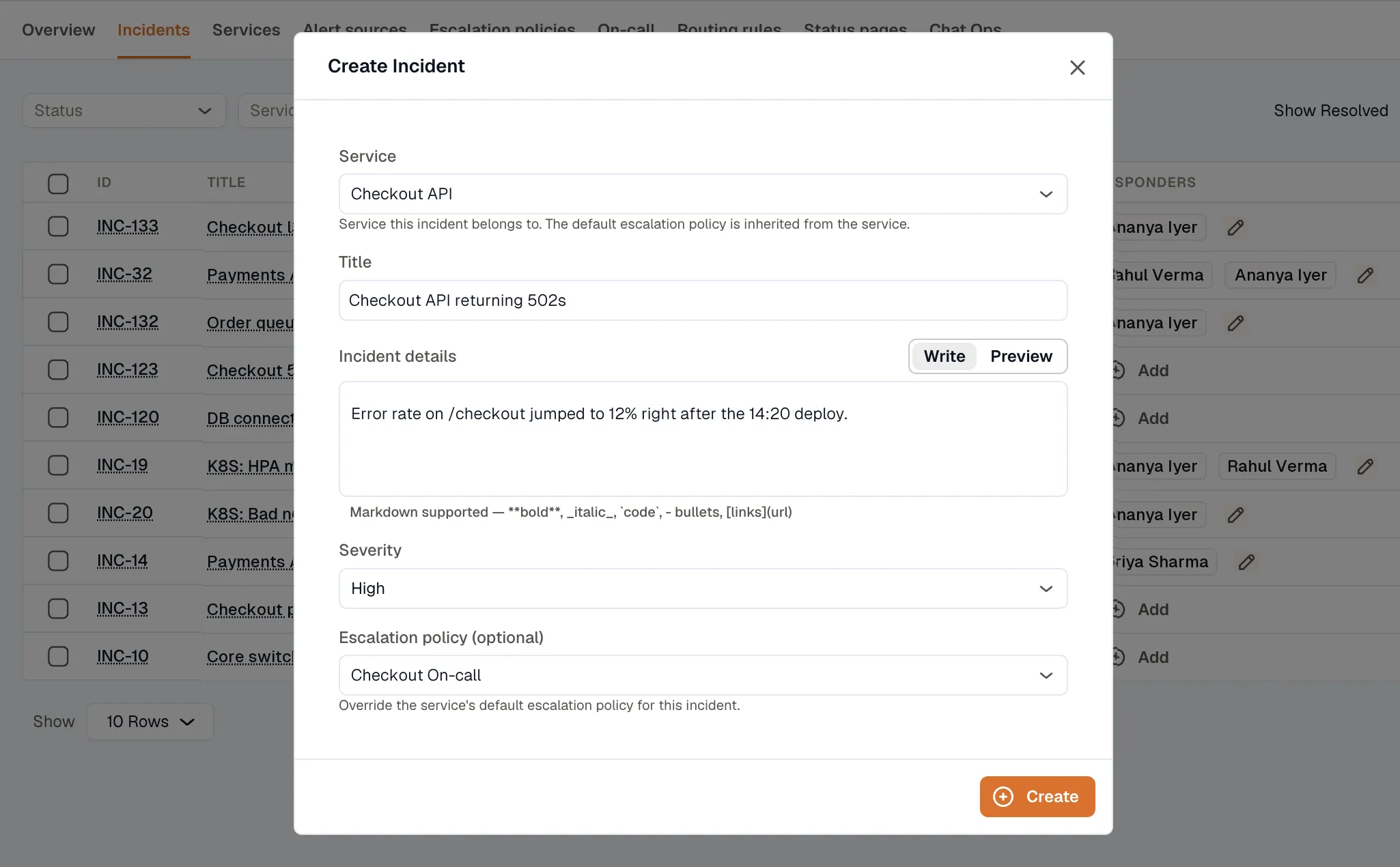Escalation policy (optional) field and Create button in the Create Incident dialog