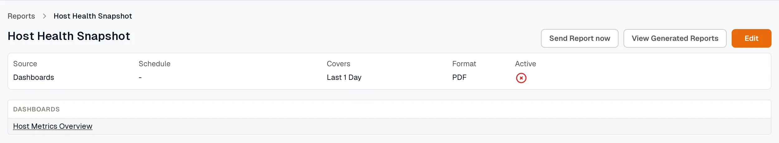 Dashboards report page with the Covers period in the header and the list of dashboards the report includes