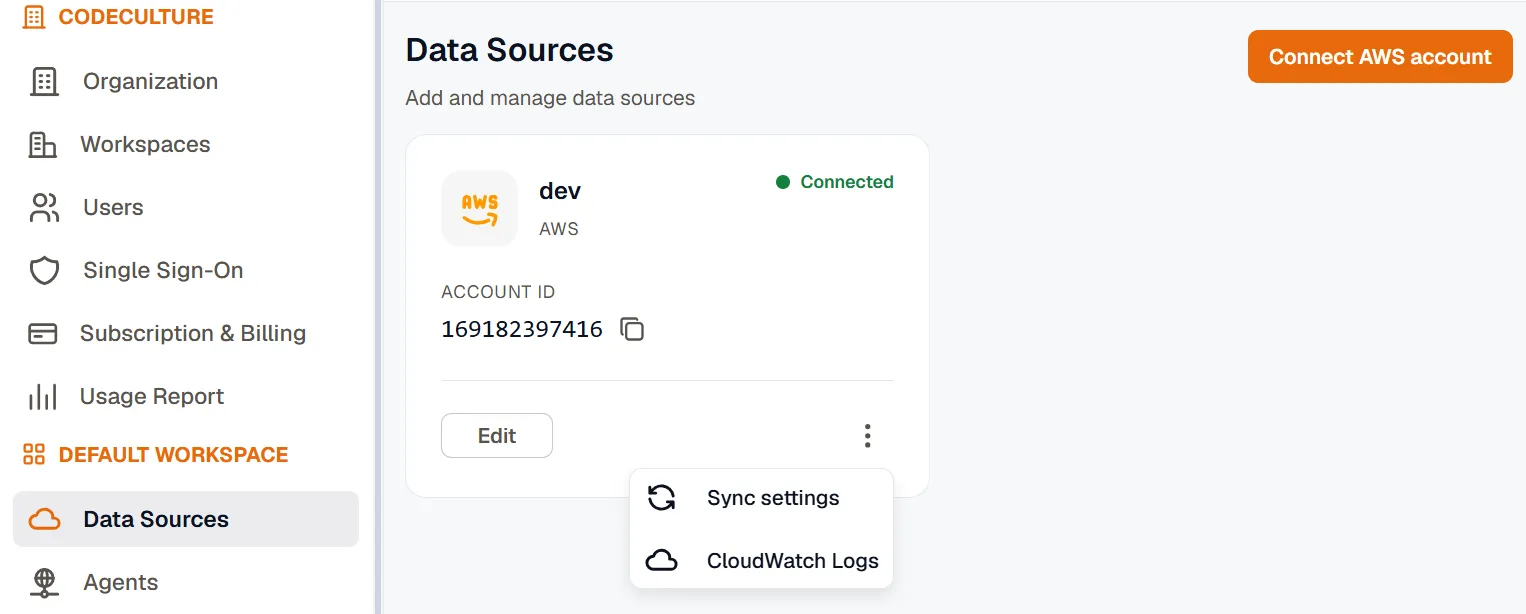 Connected AWS accounts on the Data Sources page