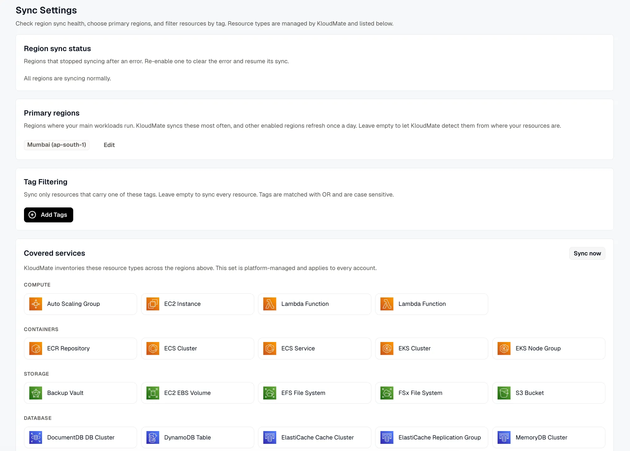 The Sync Settings page, showing Region sync status, Primary regions, Tag Filtering, and Covered services
