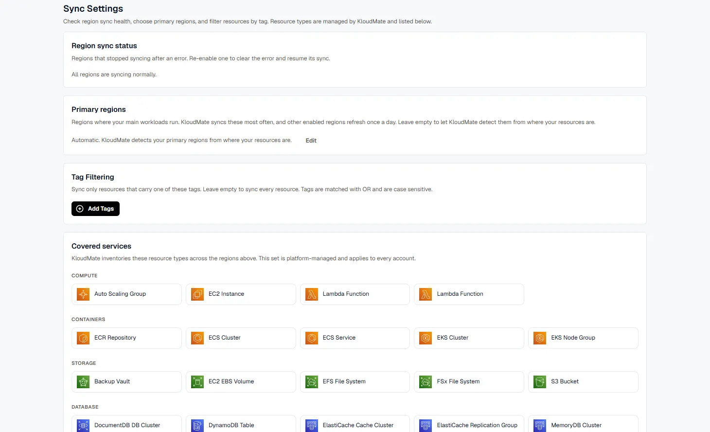 The Sync Settings page, showing Region sync status, Primary regions, Tag Filtering, and Covered services
