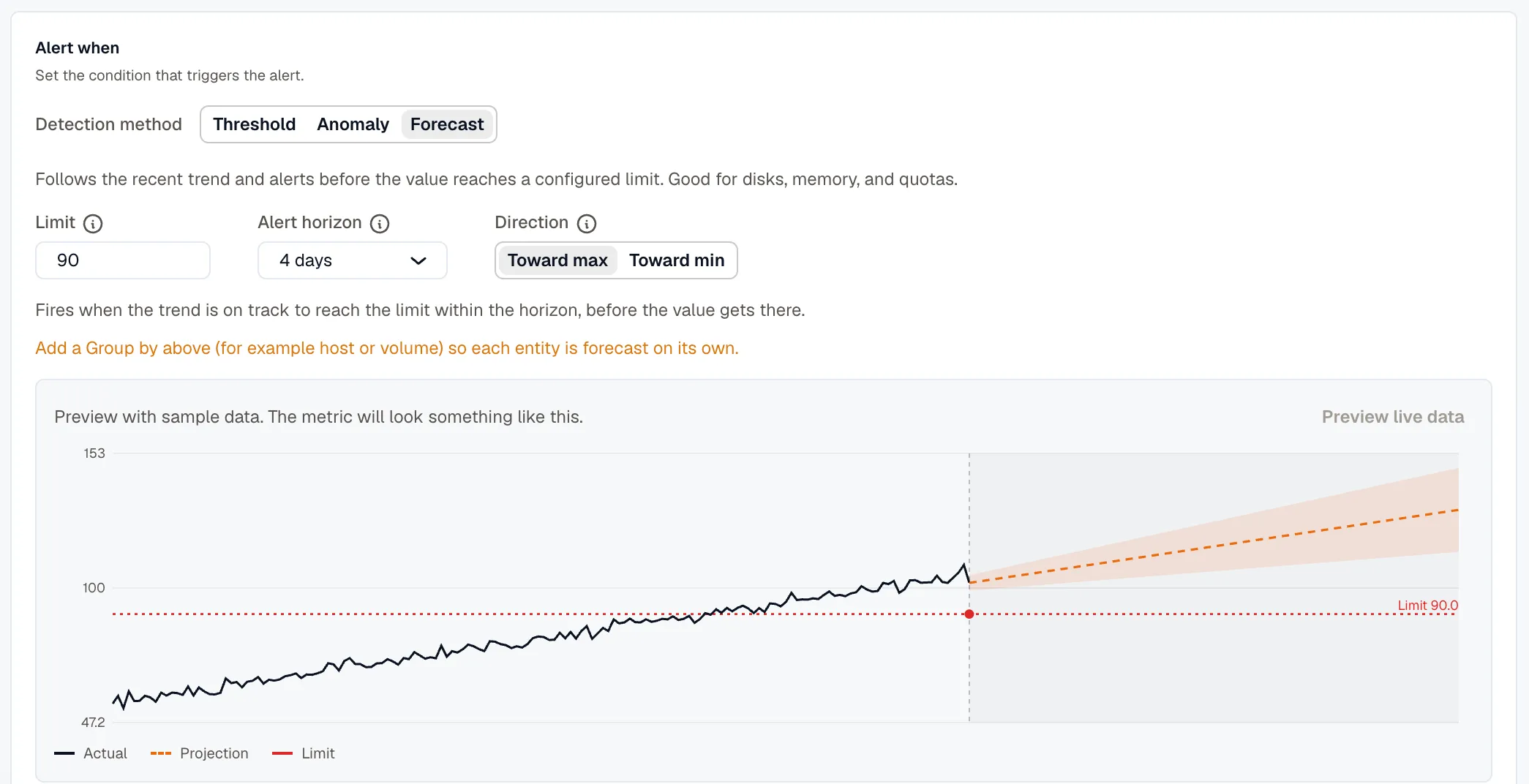 The Detection method toggle set to Forecast, with a limit, a horizon, and a projection toward the limit