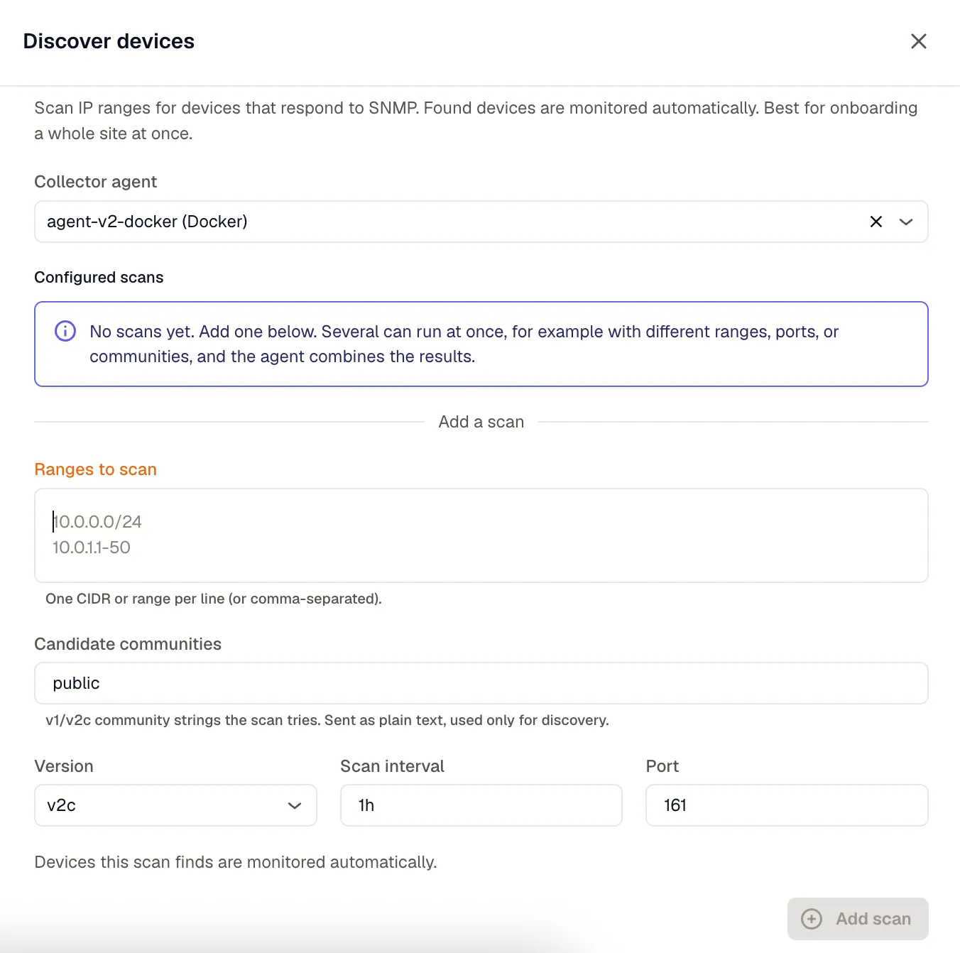 The Discover devices form with a collector agent, ranges to scan, candidate communities, version, scan interval, and port fields