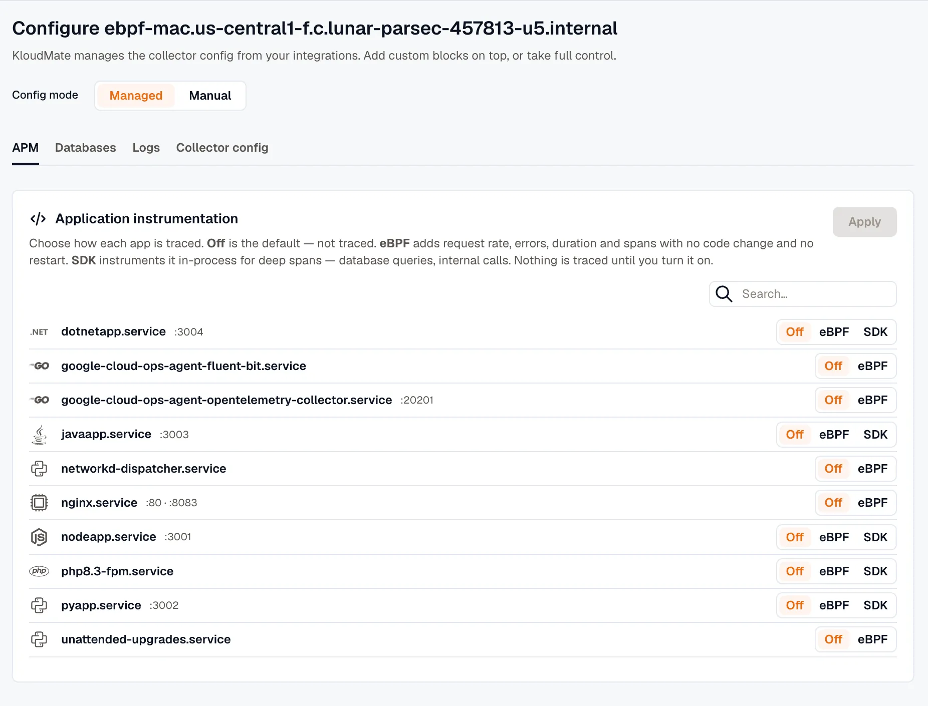 The Application instrumentation panel on a host, showing the instrumentable difference: .NET, Java, Node.js, Python, and PHP services offer Off / eBPF / SDK, while Go services and other system services offer only Off / eBPF.