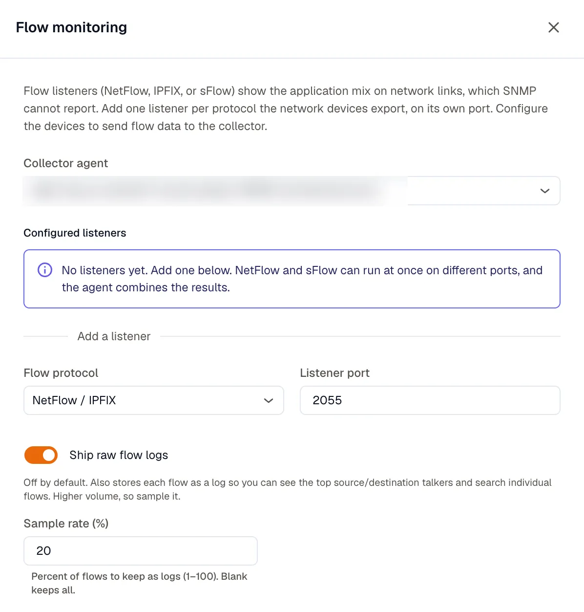 The Flow monitoring form with a flow protocol selector, a listener port, a Ship raw flow logs toggle, and a sample-rate field
