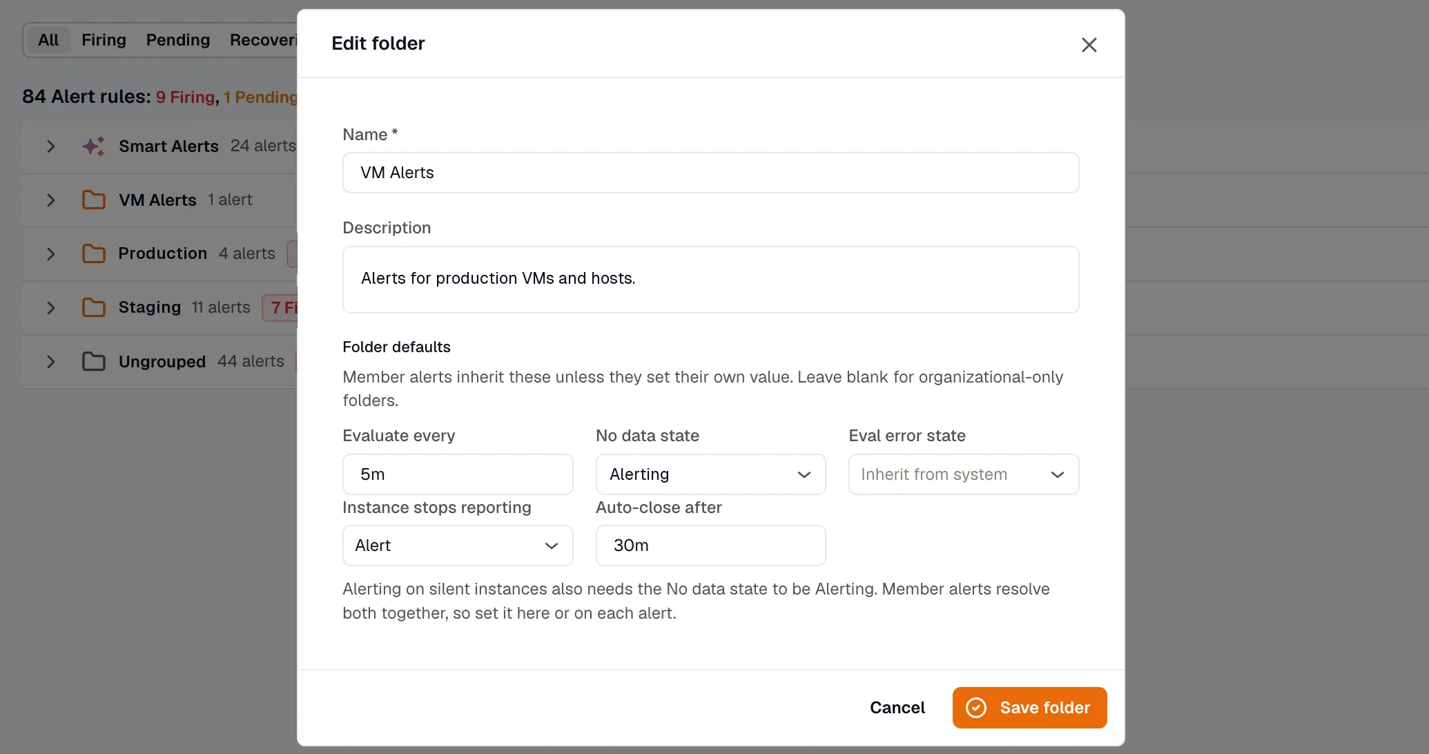 Folder defaults dialog