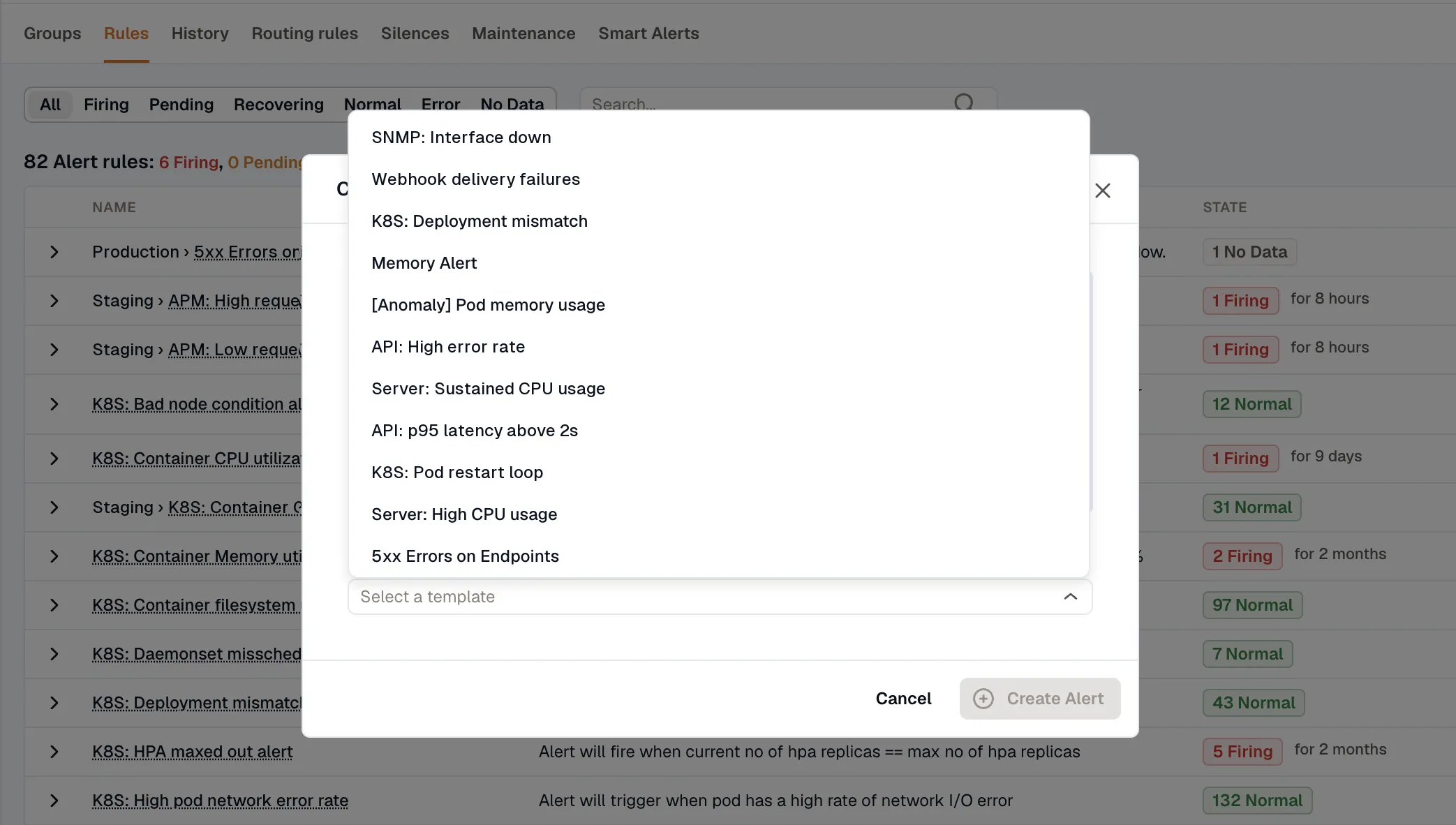 Template selection dropdown