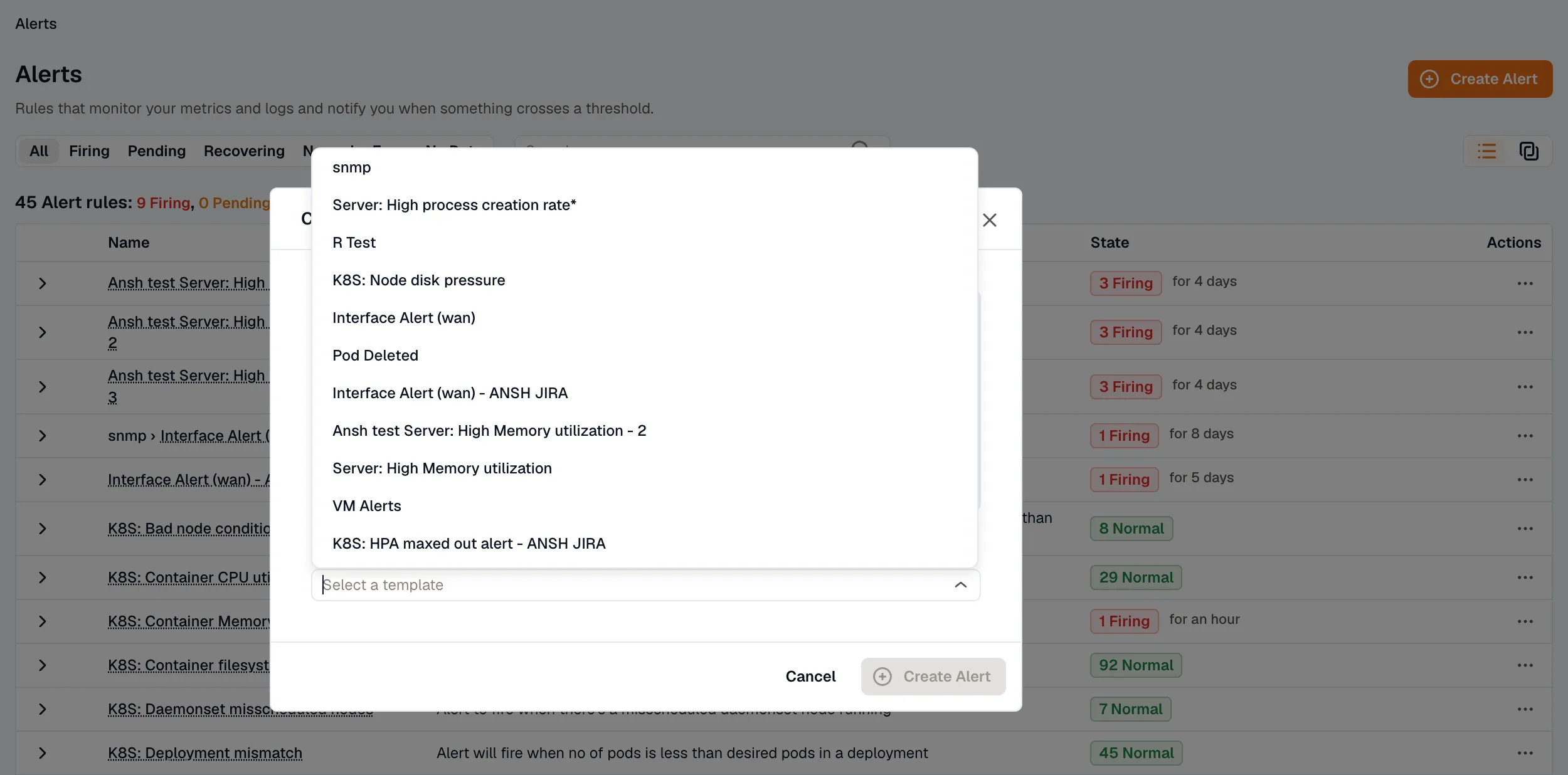 Template selection dropdown