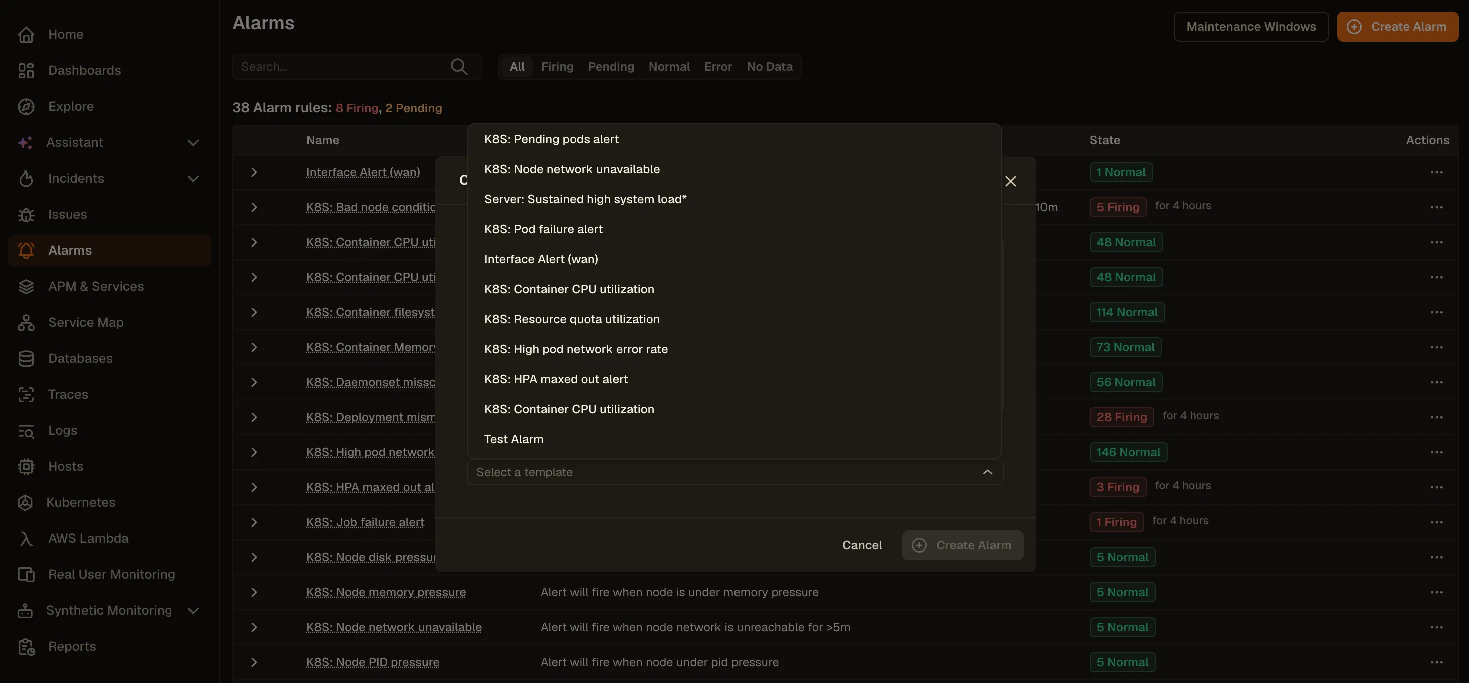 Template selection dropdown