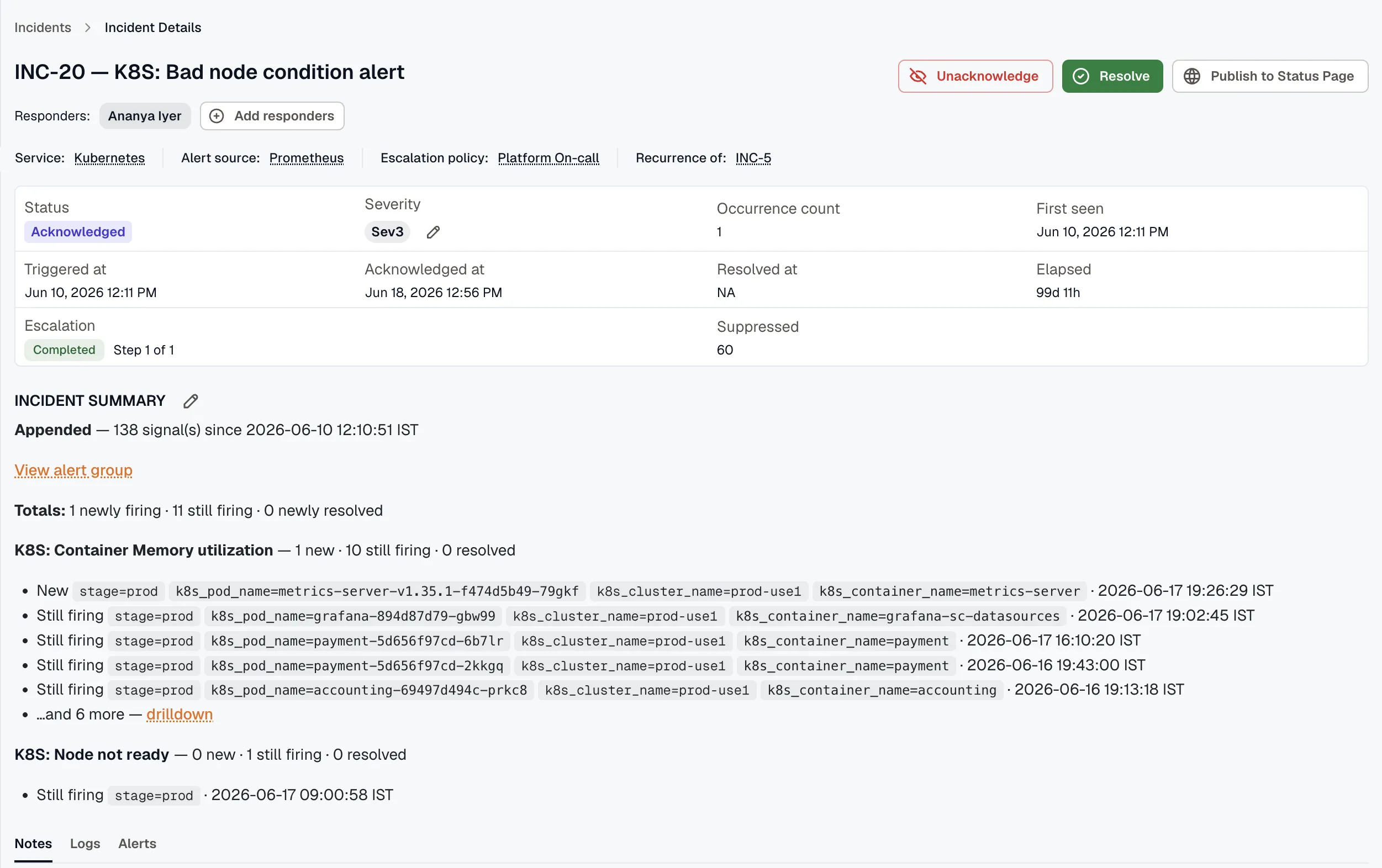 Incident detail page with the header, metrics, and incident summary