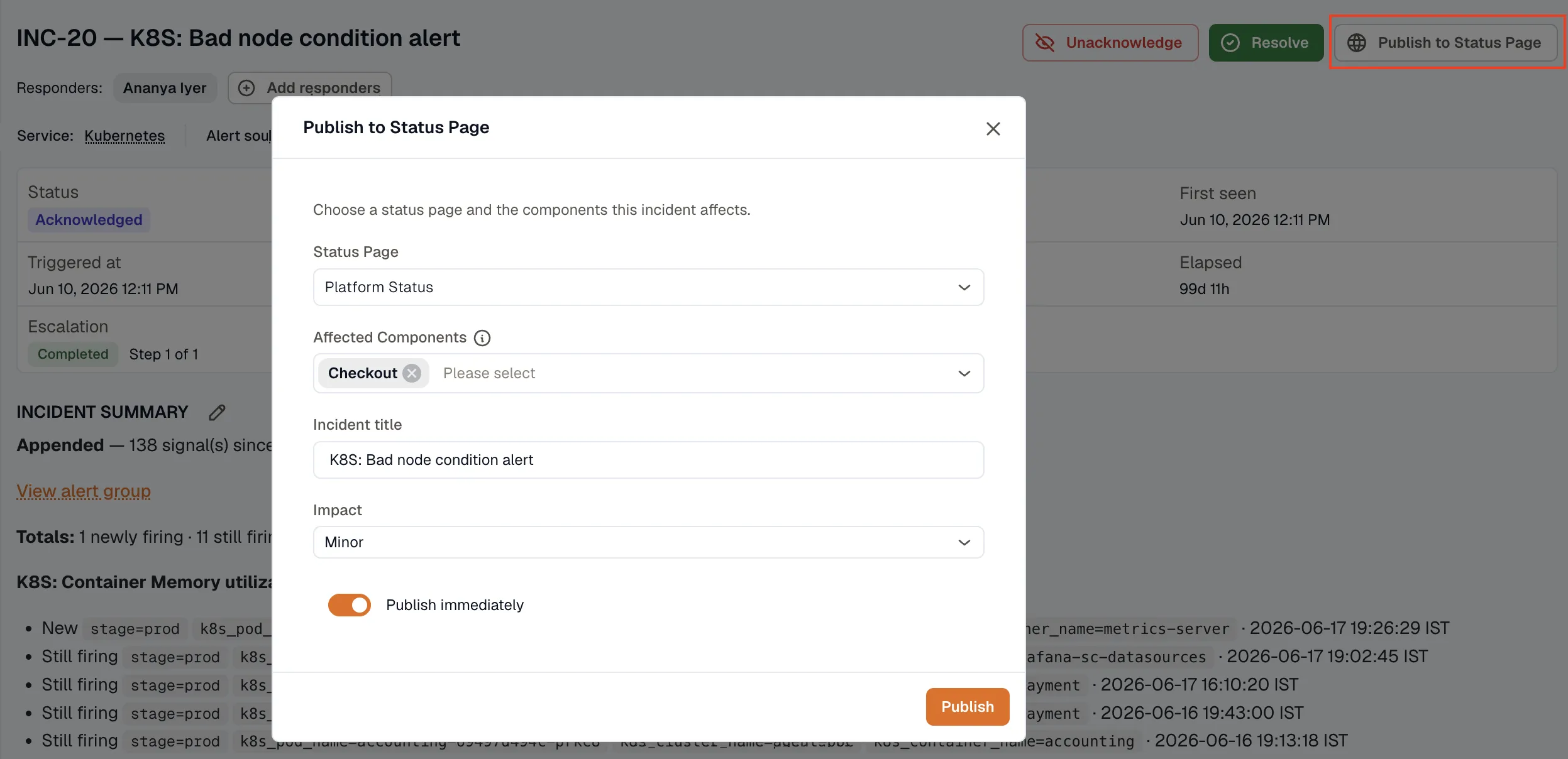 Publish to status page dialog