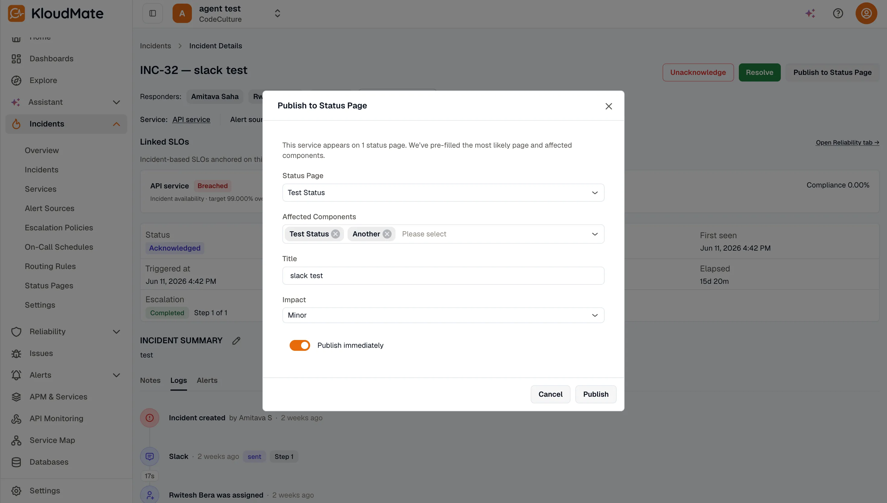 Publish to status page dialog