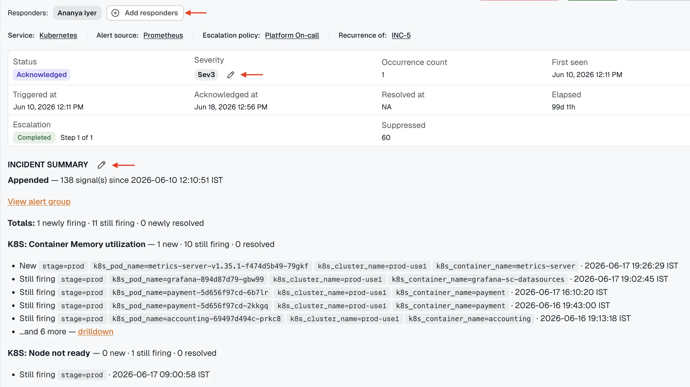 Responders, severity, and the incident summary, each with its edit control